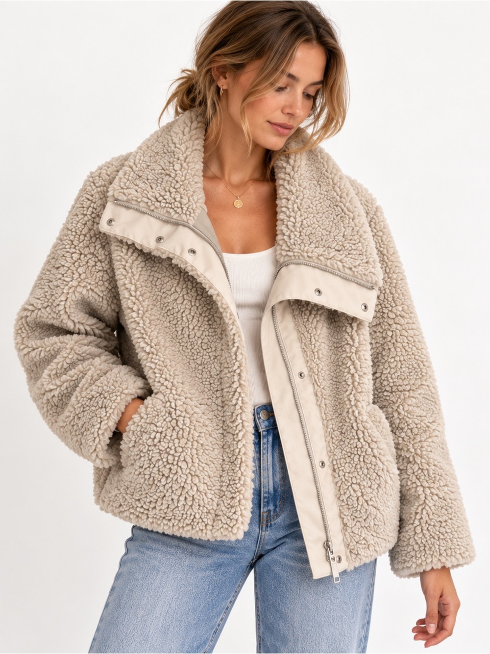 Cozy Sherpa Teddy Jacket Beige Zip Front Fleece Coat Womenās